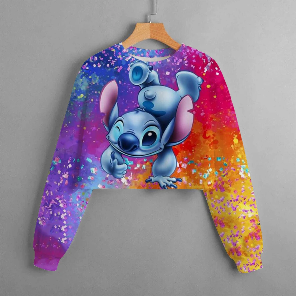 Girls Hoodie Casual Cartoon Anime Fun Print Children's Top Spring 2024 Disney Lilo&Stitch Girls' Short Round Neck Sweater