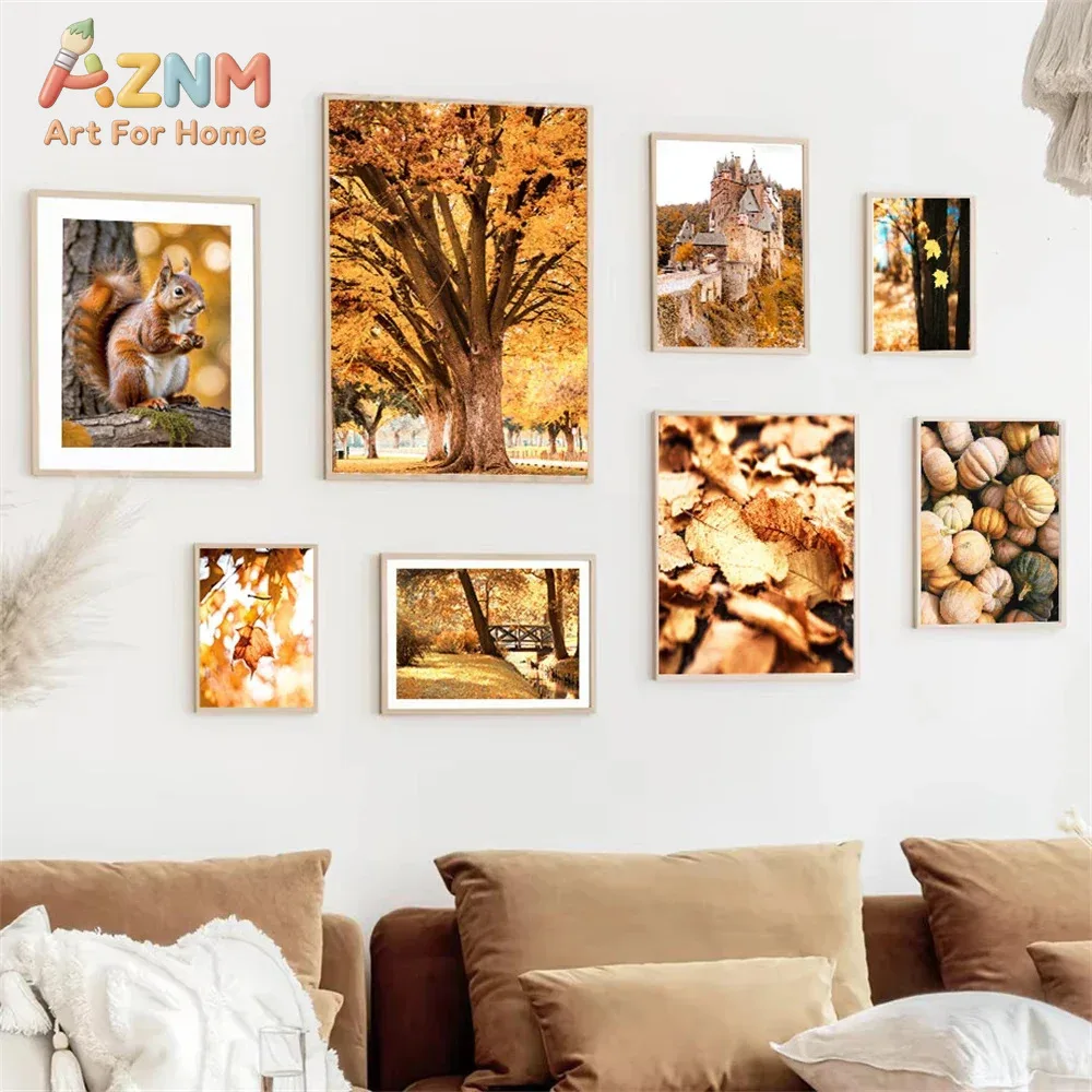 AZNM Autumn Forest Squirrel Pumpkin Castle Landscape Canvas Wall Art, Warm Fall Nature Scenery Frameless Canvas Print Poster for
