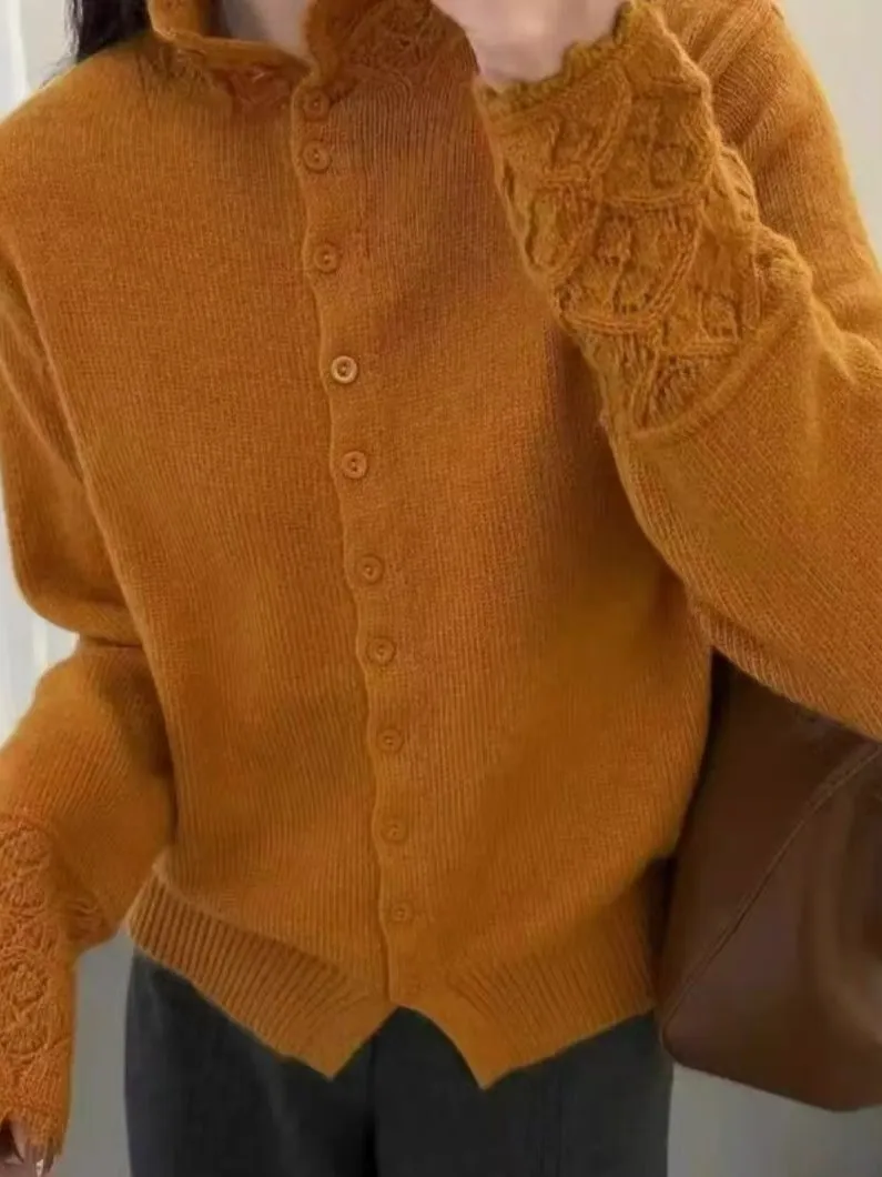 

High Collar Knitted Open Cardigan Women's Hook Flower Sve Cap Sve Hollow out Pumpkin Color Earth Tone Sle Soft Korean...