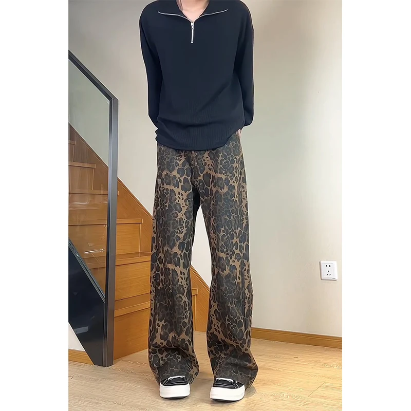 Trendy Men's Loose Straight Leg Jeans Leopard Print American Retro Style Casual Cotton Polyester Blend Wear Resistant