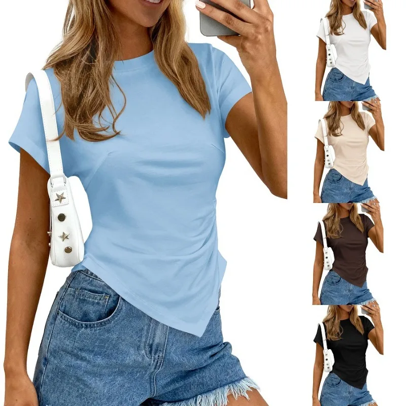 

Women's Summer New Fashion Women's Solid Color Outdoor Casual Round Neck Asymmetric Wrinkle Top