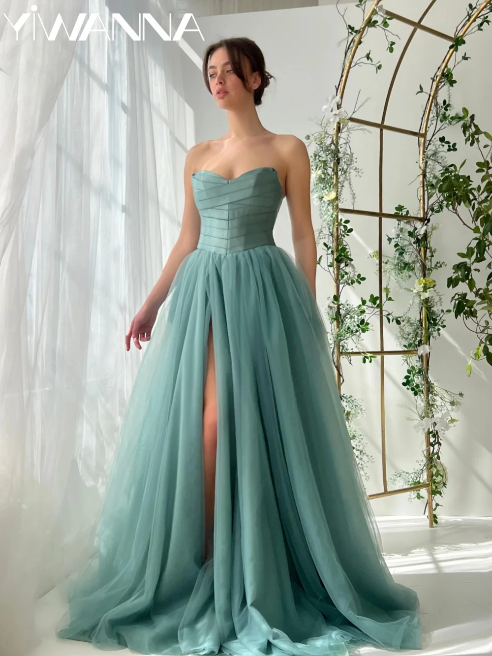 

New Arrival A-line Tulle Evening Dress Floor-length Elegant Thin Straps Wedding Party Gown Customzied High Slit Gowns For Women