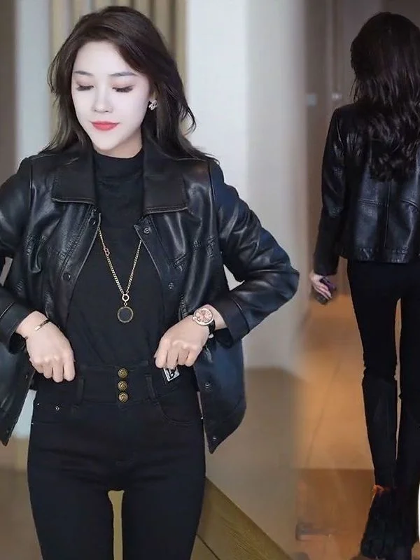 جاكيت جلد أسود للنساء قصير وفضفاض بأسلوب عتيق على طراز هونغ كونغ، موضة الربيع والخريف، إصدار جديد من الجلد الصناعي #2