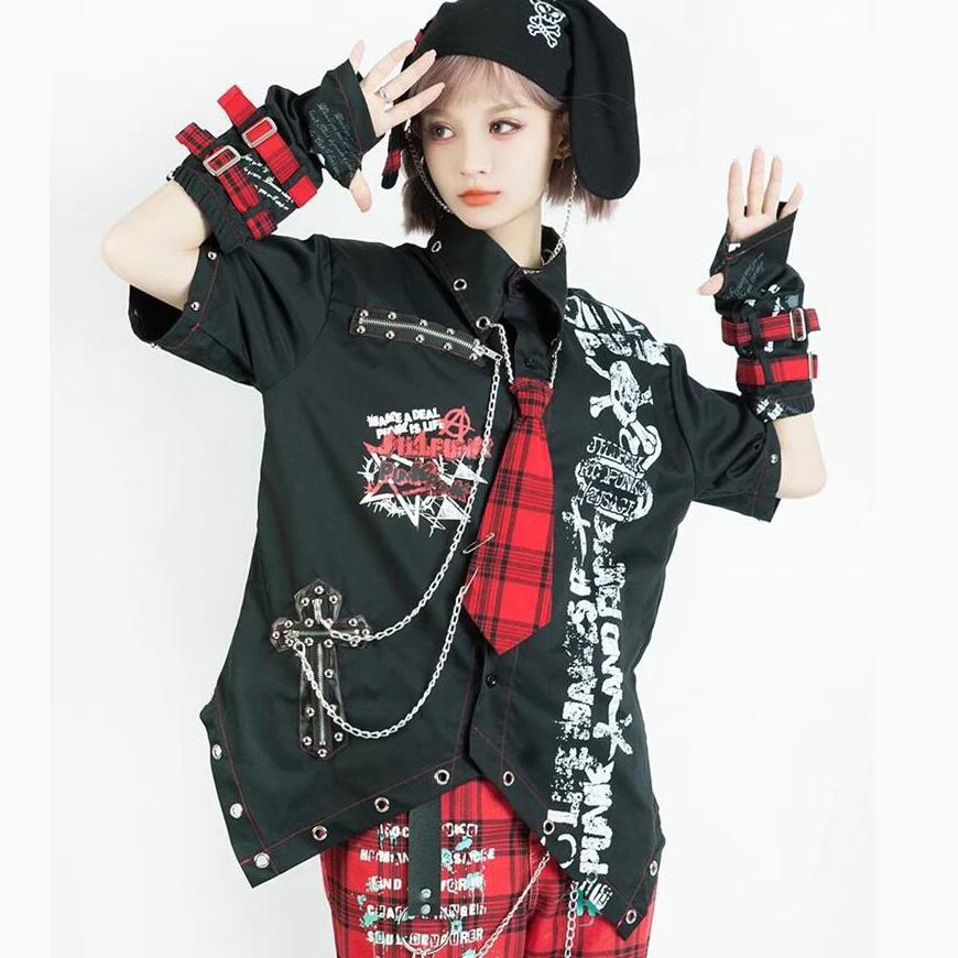 2023 Womens Summer Kill Matt Rock Punk Mens Clothes Japanese Graffiti Skull Clothing Splicing Shirt with Sleeves necktie Rivets