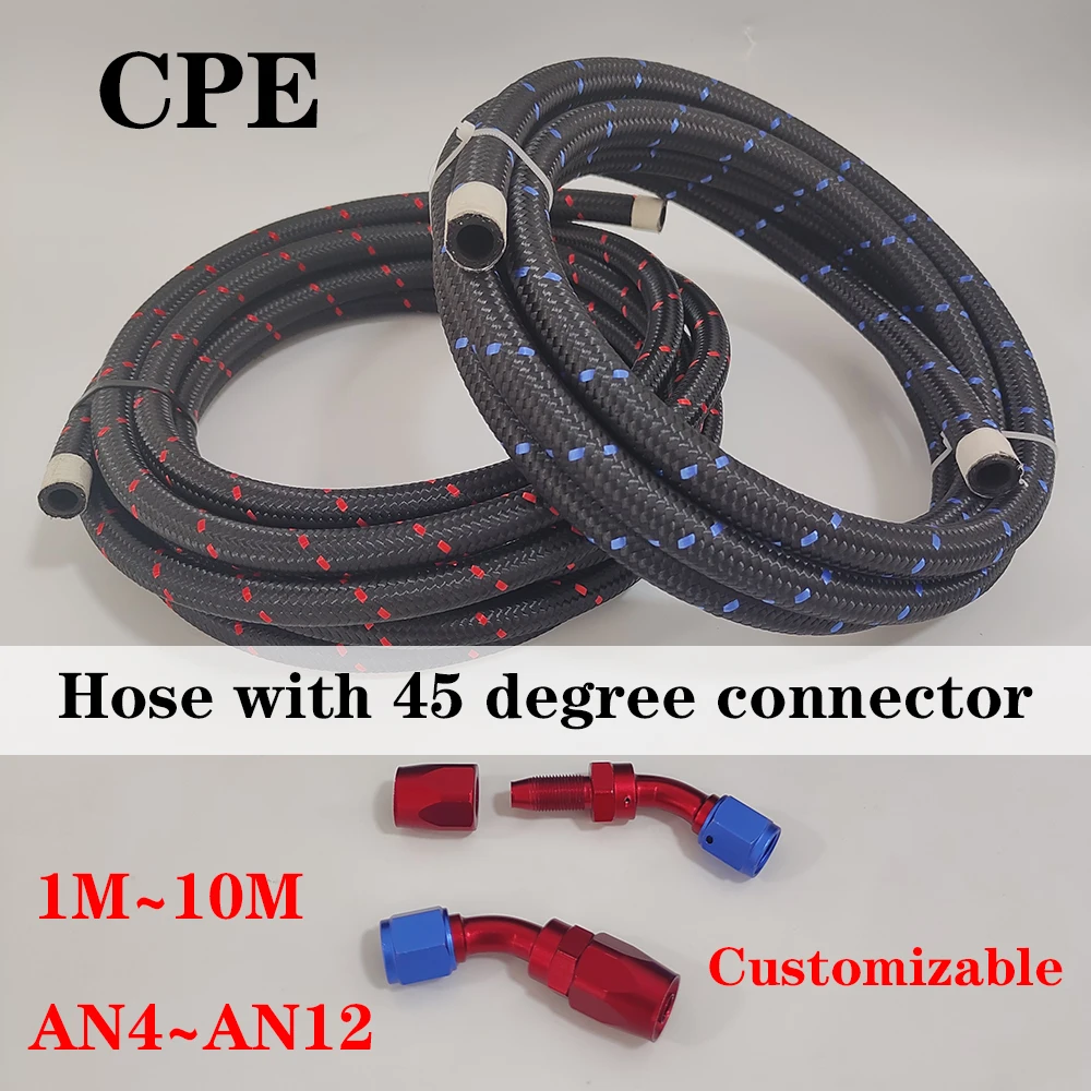 Black Red/Black Blue Nylon stainless steel braided inner CPE fuel hose,Oil and gas cooler hose+45°connector CustomizableAN4~AN12