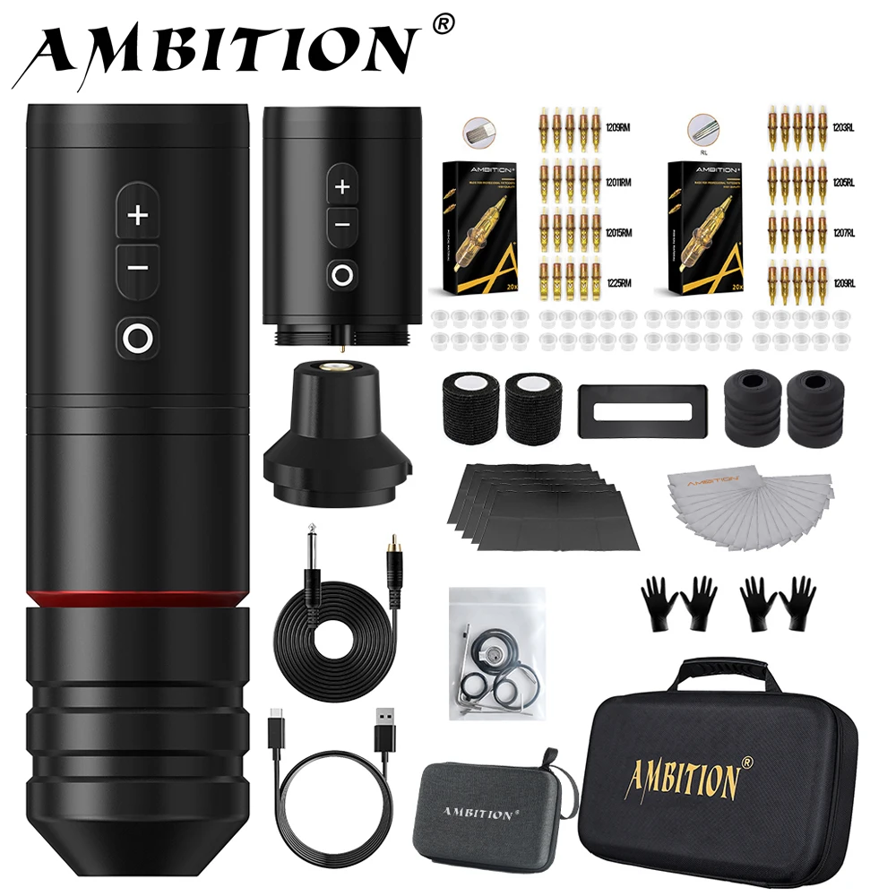 

Ambition Ninja Pro Wireless Tattoo Machine Kit 2000mAh Battery Tattoo Pen Professional Full Set Permanent Makeup Tools Body Art