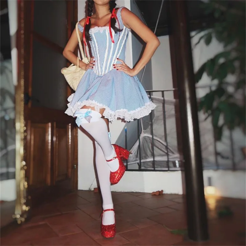 

Womens Halloween Dorothy Dress Up Costume Sleeveless Lace Plaid Mini Dress Wizard of Halloween Party Cosplay Dresses