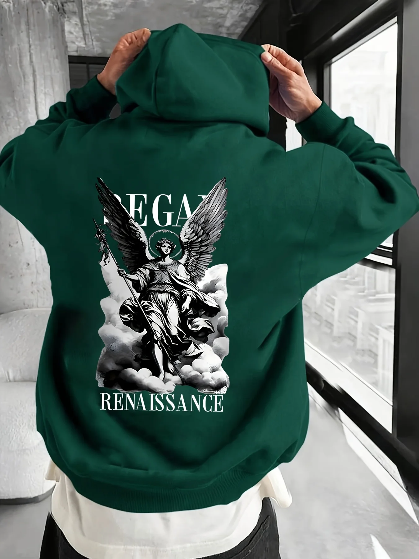 

Men'S Casual French Terry Hoodie with Angel & Letter Print - Cozy, Loose , Long Sleeve Pullover with Pockets