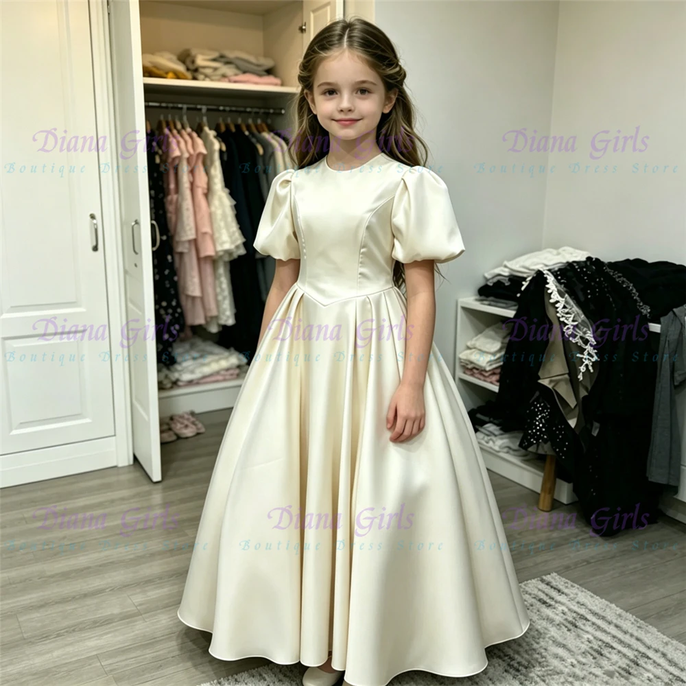 Quality Elegant Short Sleeves Satin Fluffy Flower Girl Dress for Kids Wedding Ceremonies Formal Receptions Customized Gowns