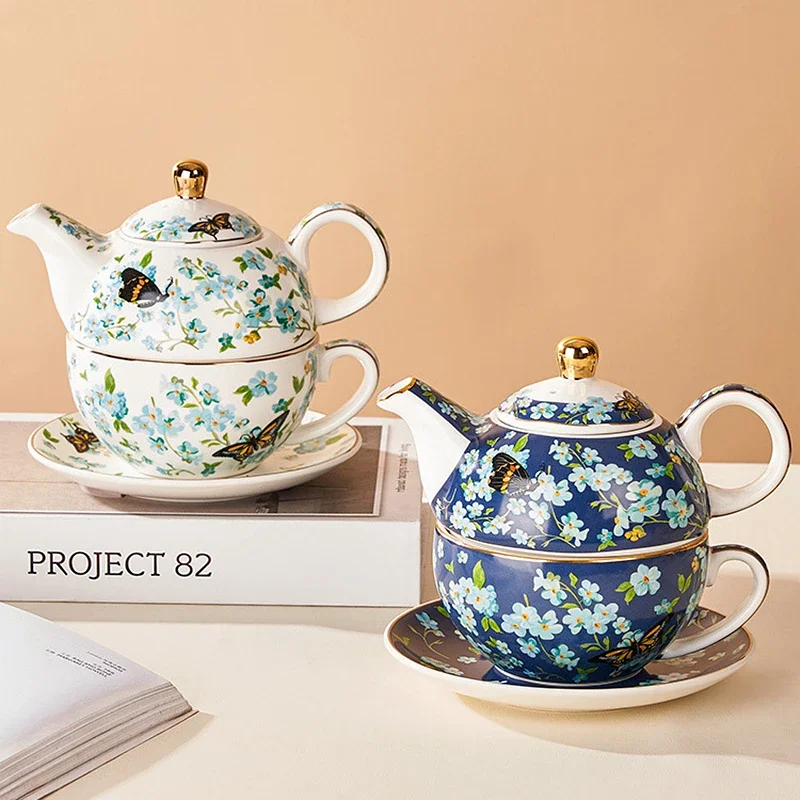 Blue Flower Ceramic Tea For One Set, Gold Plated Porcelain Teapot Cup Saucer Coffee Kettle Mug Afternoon Tea Set