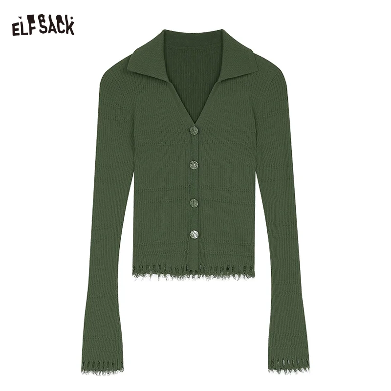 ELFSACK 2024 Autumn New Arrive V-neck long sleeved knitted cardigan for women, slim fit thin tassel lapel top