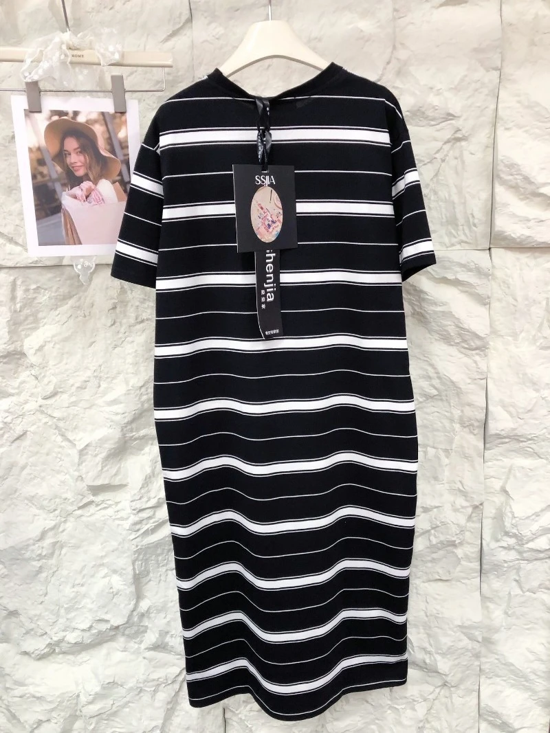 American Retro Style Bow Bead Printing Long Dresses Fashion Loose Design Striped Short-sleeved T-shirt Dress For Women's Clothes