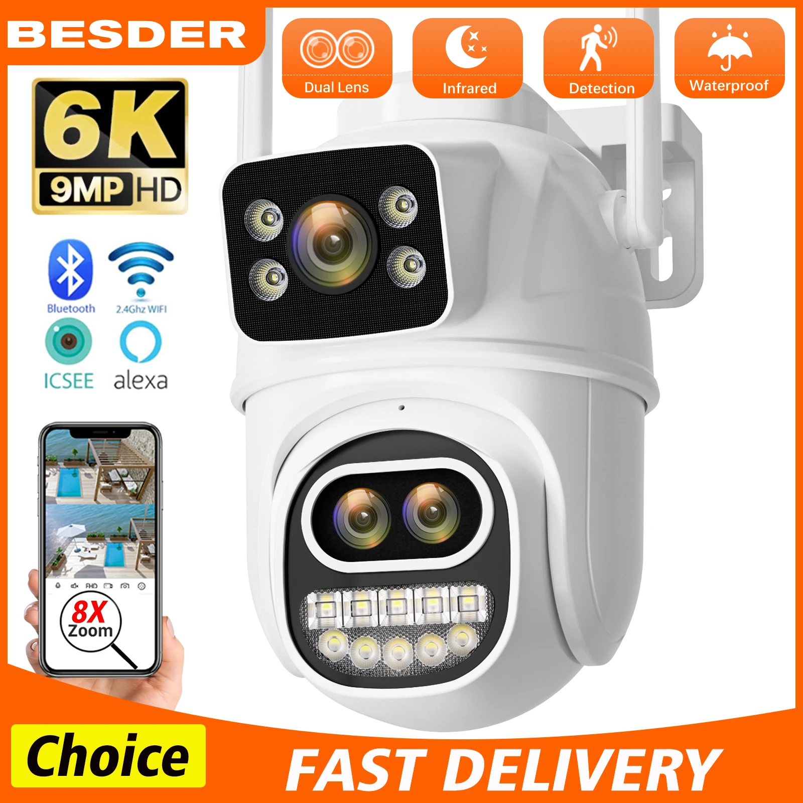 

9MP 6K PTZ Wifi Camera 8X Digital Zoom Dual Screens Wifi Surveillance Camera AI Auto Track Outdoor CCTV IP Security Camera ICSEE