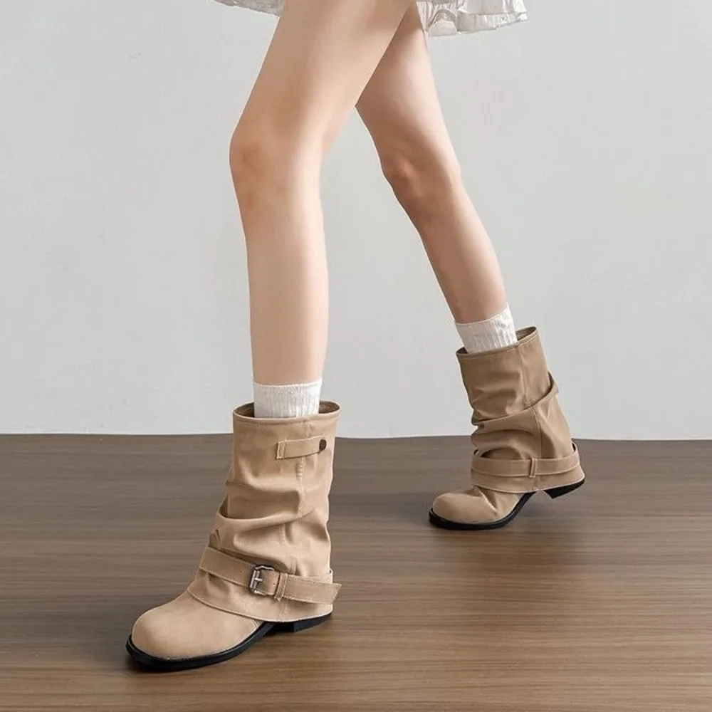 Women Slouch Fold‑Over Mid Short Boots,Single Metal Buckle Ruched‑Tube Round Toe Hidden Height‑Increase Casual Boots Black Khaki view 4