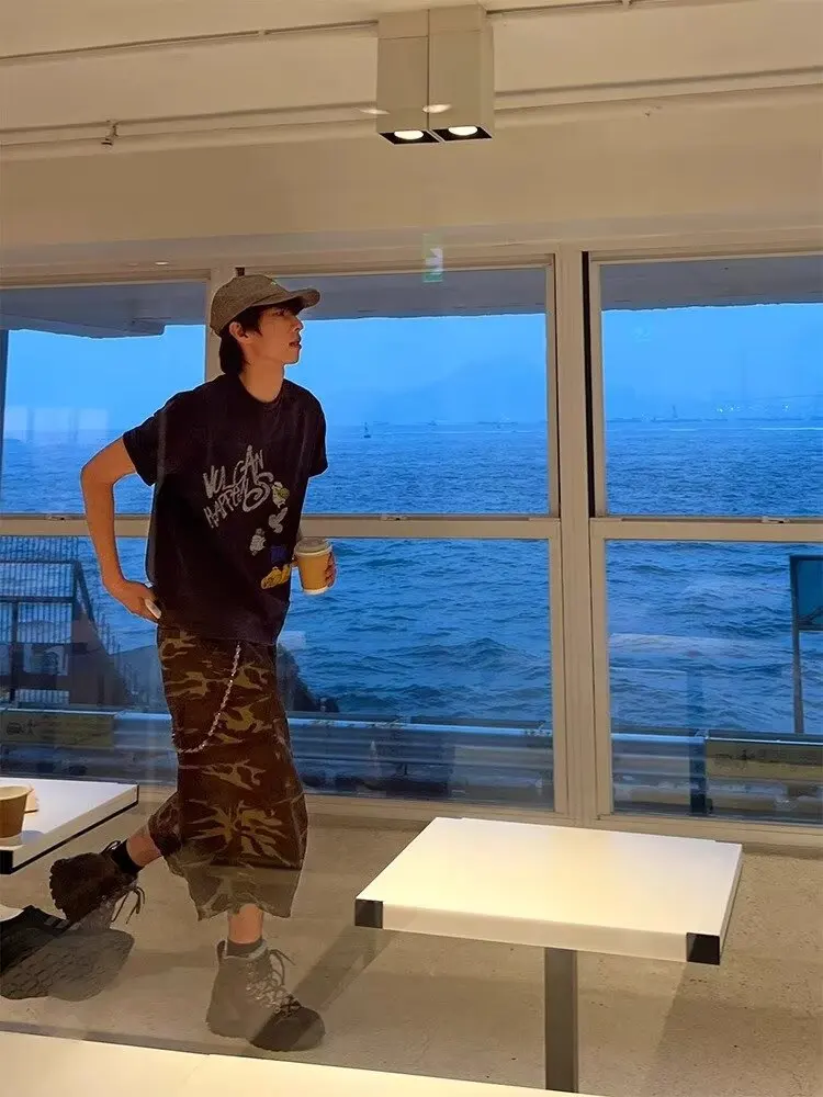 

Американские ретро-брюки-карго с камуфляжным принтом, мужские летние повседневные свободные широкие брюки-карго длиной 7/8 (или 8/10) для работы и отдыха