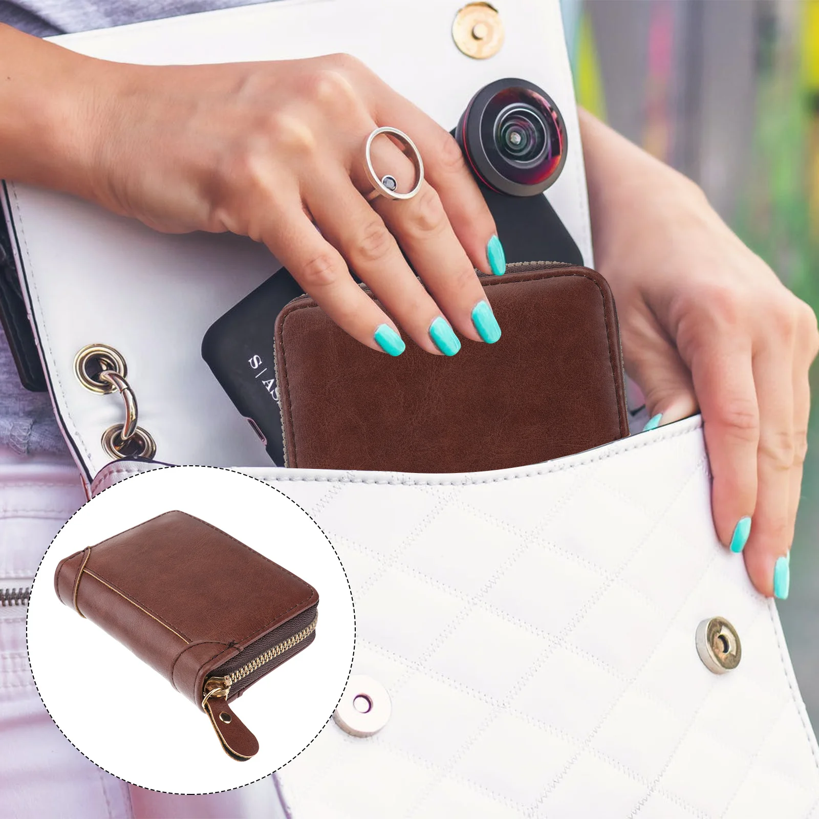 1 Buah Dompet Kopi Tahan Lama Pemblokir RFID dengan Ritsleting, Lipat, Kapasitas Besar, Kantong Koin, Penyimpanan Sertifikat