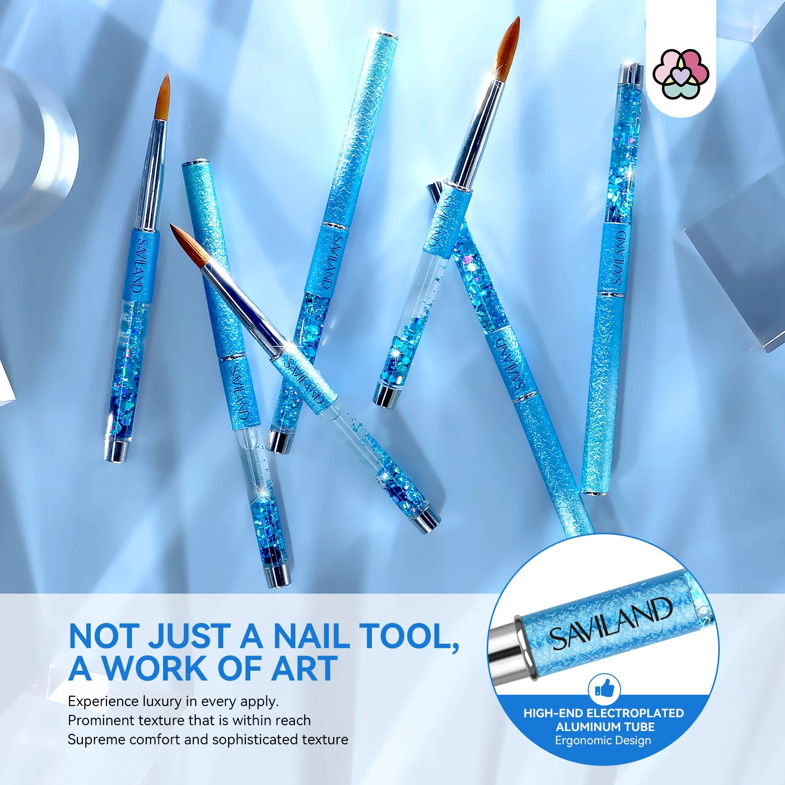 SAVILAND Koinsky 7-teiliges Acryl-Nagelpinsel-Set, blaue Glitzer-Nagelkunstpinsel für Acrylpulver, Nagelverlängerung, 3D-Schnitzerei
