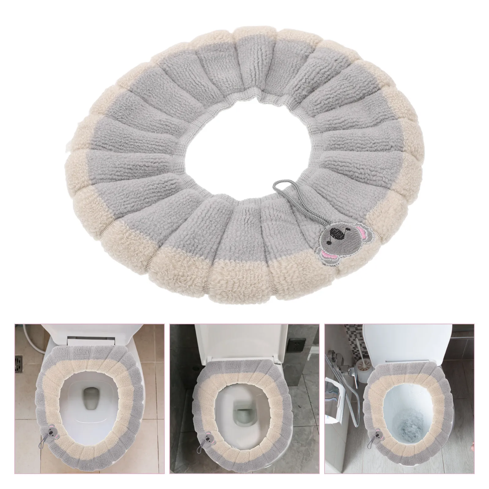Knitted Toilet Seat Cover Winter Soft Warm Bathroom Cushion Color Contrast Handle Detachable Washable Toilet Lid Covers Thicker