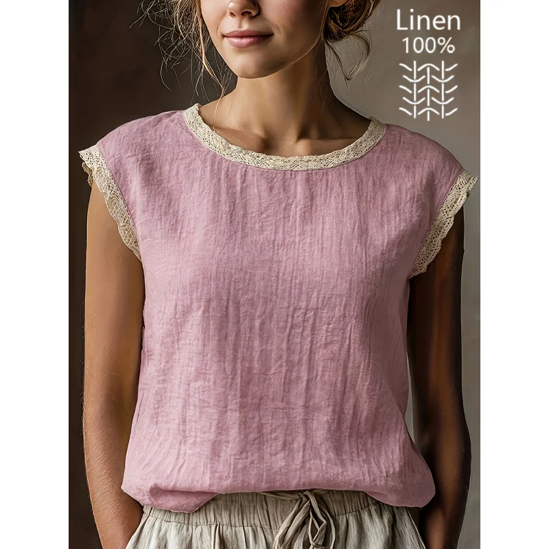 Vintage Style Women's Linen Short-Sleeve Top with Lace Patchwork, Round Neck, Loose Fit,, Summer Breathable Linen-Shirt, YTD