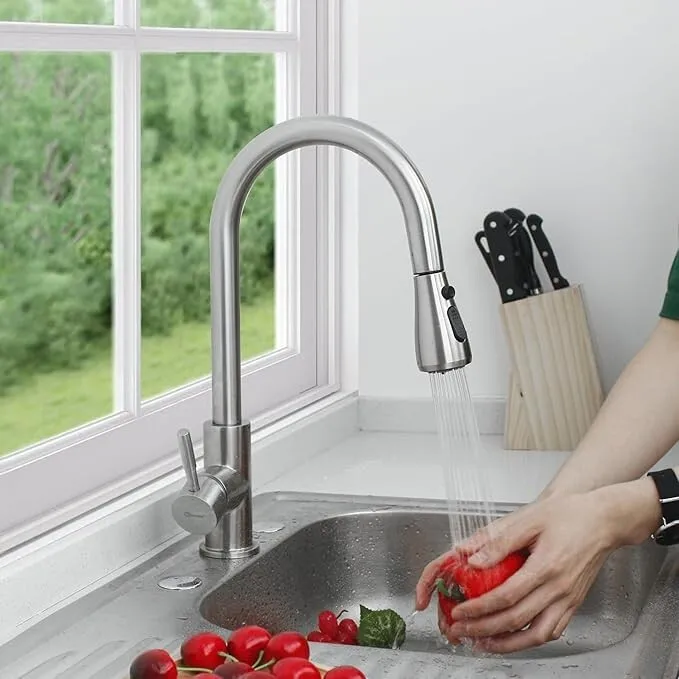 

Brushed Nickel Kitchen Sink Faucet with Pull Down Sprayer Swivel Tap Mixer High Arc Modern Design Touch Free Sensor