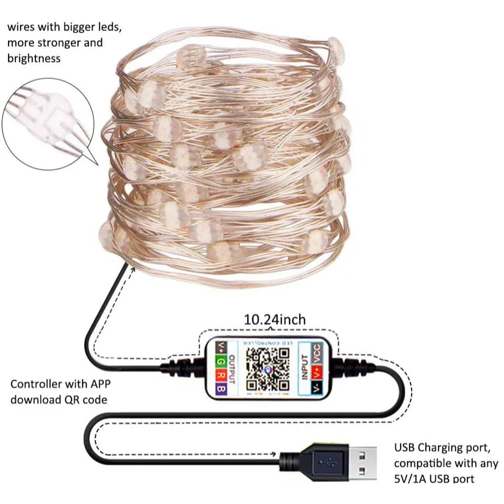 Árvore de natal luzes rgb inteligente controle bluetooth usb led string lâmpada ao ar livre app controle remoto guirlanda luzes de fadas decoração