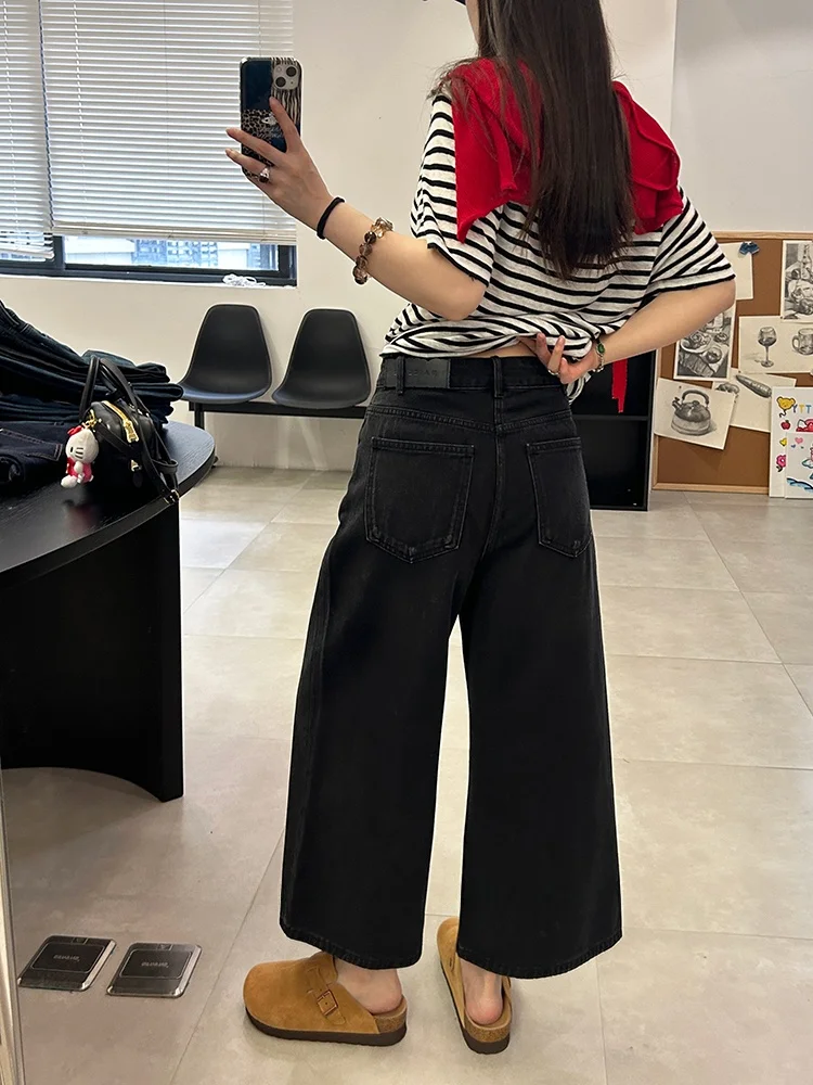 

Прямые джинсовые джинсы с высокой талией, женские свободные брюки без стрейч, черный цвет, широкие брюки с водной талией