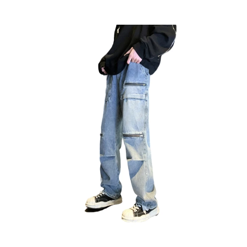 American Vibe Pants Trendy High Street Zipper Pocket Work Clothes Jeans Men'S High-End Slim Straight Leg Pants