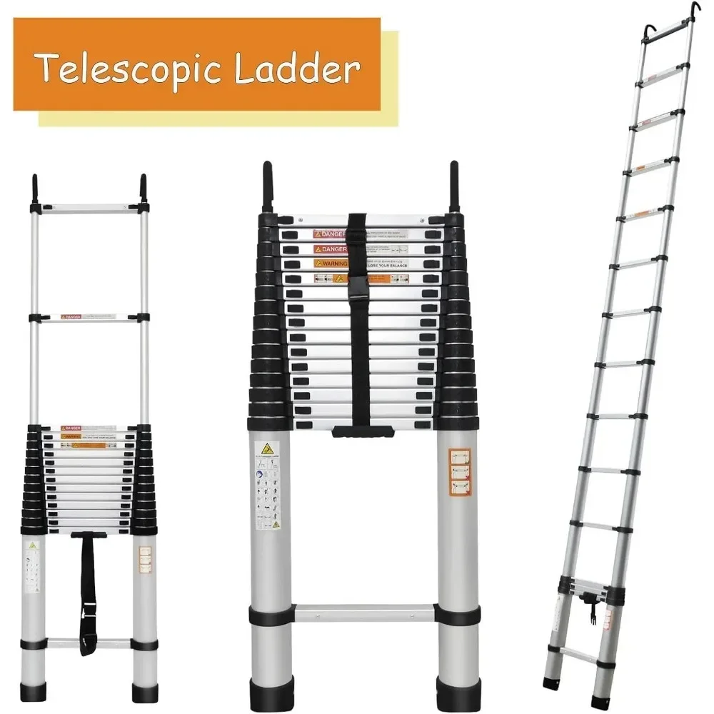 Telescoping Ladder Aluminum DIY Extension Folding Loft Ladder with Detachable Hooks Anti-Slip Rubber Feet Portable