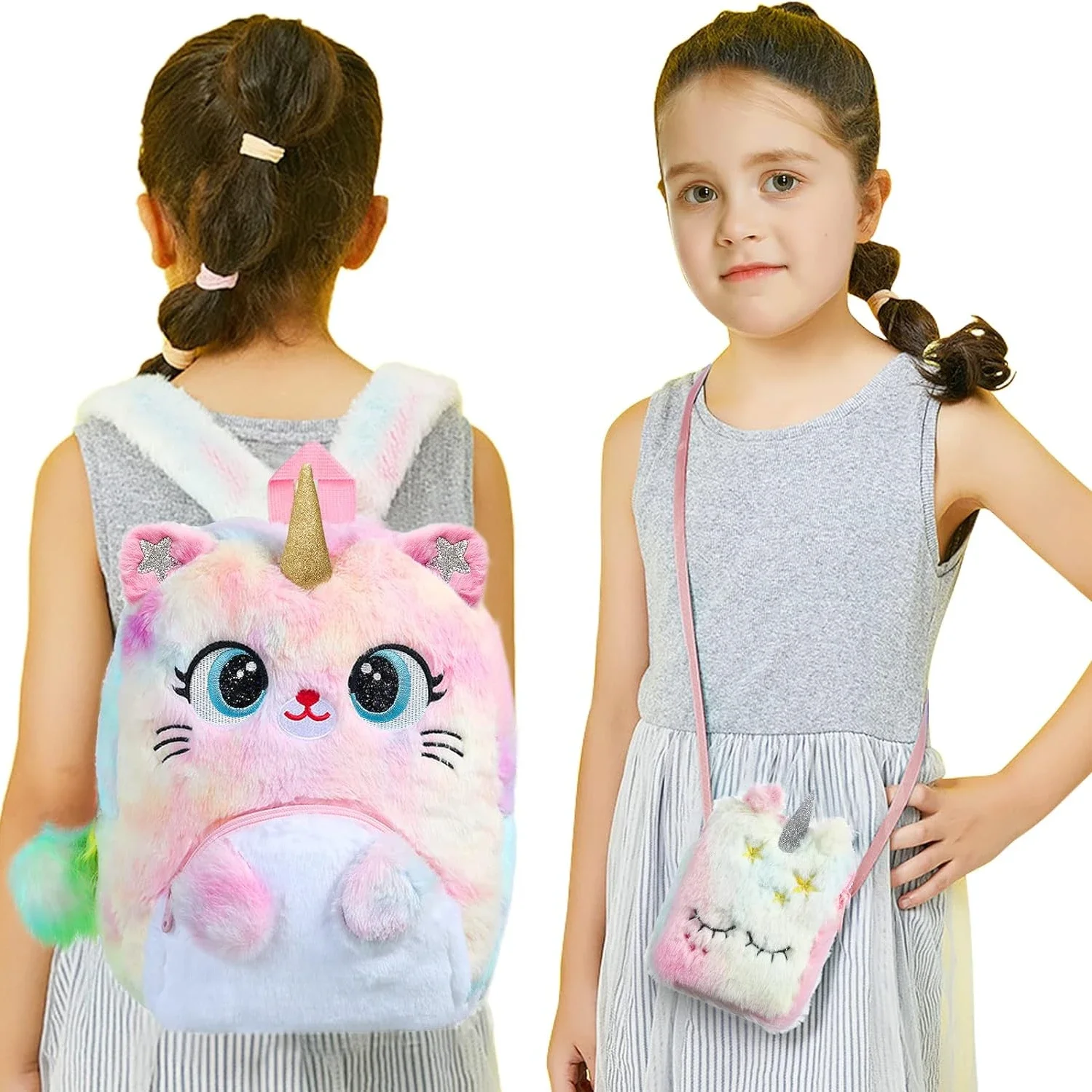 Unicorn Cat Backpack Purse Set Kawaii Cute Colorful Unicorn Cat Kitty Shoulder Bag Gift Set for Toddler Girls