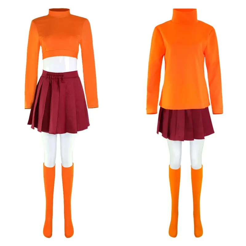 Anime Velma Cosplay Kostuum Film Karakter Oranje Uniform Halloween Kostuum Voor Vrouwen Meisjes Cosplay Kostuum Pruik