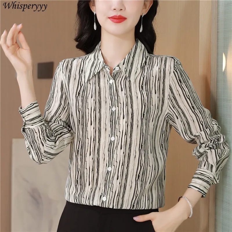 Blouses for Women Fashion Spring New Printed Loose Long-sleeved Striped Tops Female Turn-down Collar Single-breasted Shirt