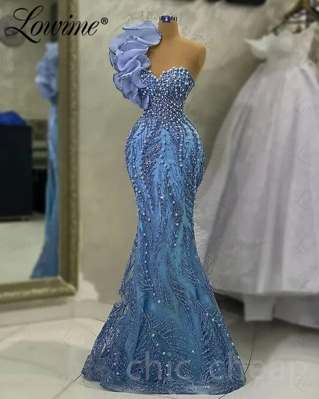 Arabic Blue Beaded Party Dresses Sweetheart Custom Made Crystal Mermaid Prom Dress Plus Size 2023 Vestido De Festa Evening Gowns