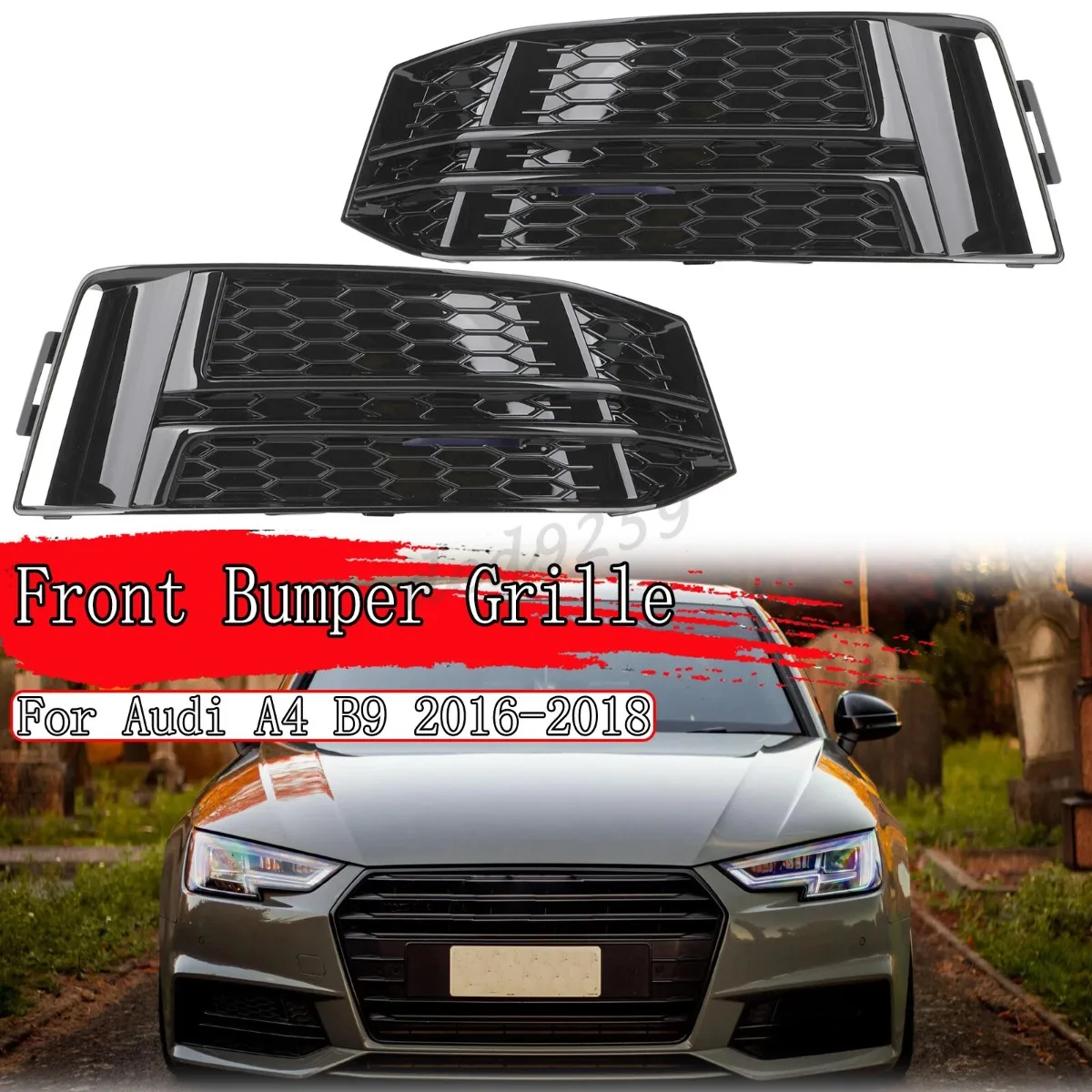 8W0807682 For Audi A4 B9 S-LINE 2016~2018 Pair Car Gloss Black Honeycomb Front Bumper Fog Light Grille Lower Grill Bezel Cover