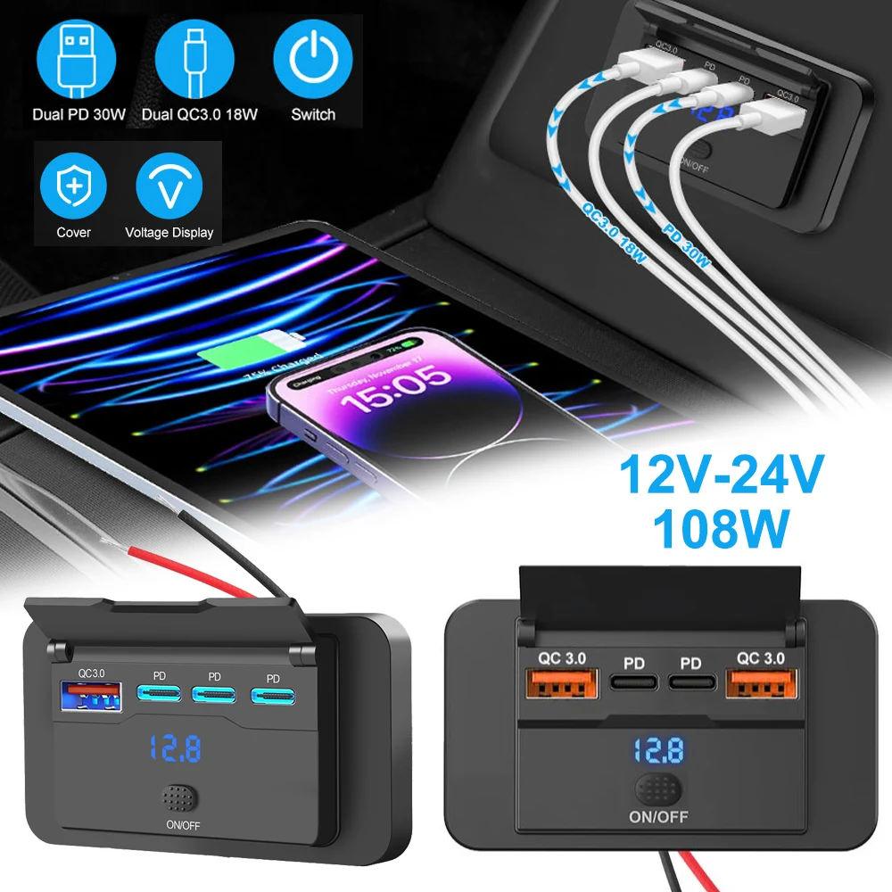 Tomada USB para RV, Painel de Carregador Veicular com Portas USB A Duplas de 18W e Portas PD3.0 Duplas de 30W, com Display de Voltagem para Automóveis, Barcos e Veículos Marítimos de 12V/24V