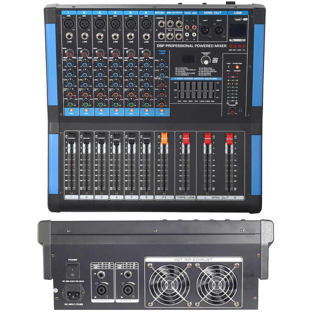 

Professional Blue 6 Channels 1200W Power Amplifier Mixing Console Mixer Bluetooth Record DSP effect 2 x 600 Watts PMR600