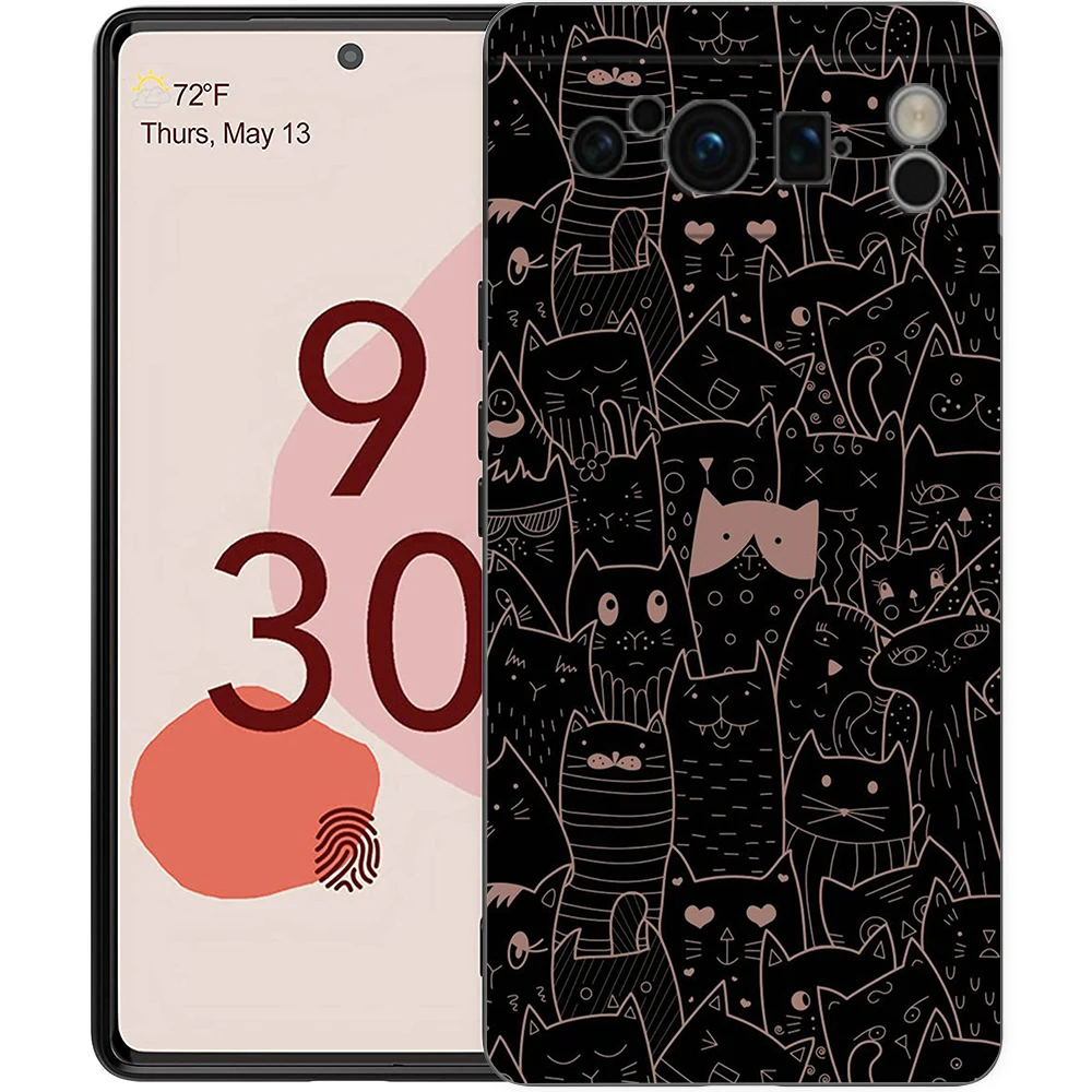 Phone Case For Google Pixel 8 7 6 Pro 8A 7A 6A TPU Shell Soft Silicone Shockproof Black Cover Cat-Printed