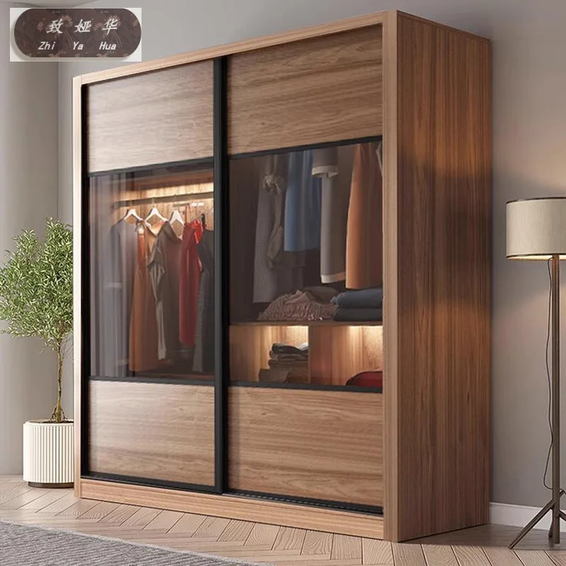 Bedroom economical glass sliding door storage light luxury simple modern wardrobe board Nordic  wardrobe home