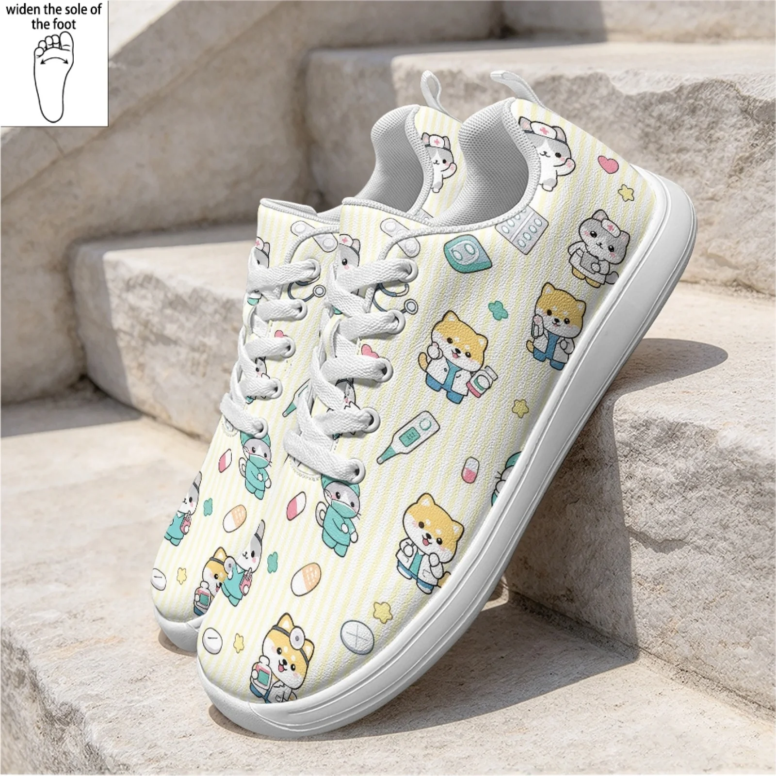 PENSTROLL Cute Medical Animals Lace-Up Nurse Shoes for Women Standing PU Service Industry Shoes Walking Shoes