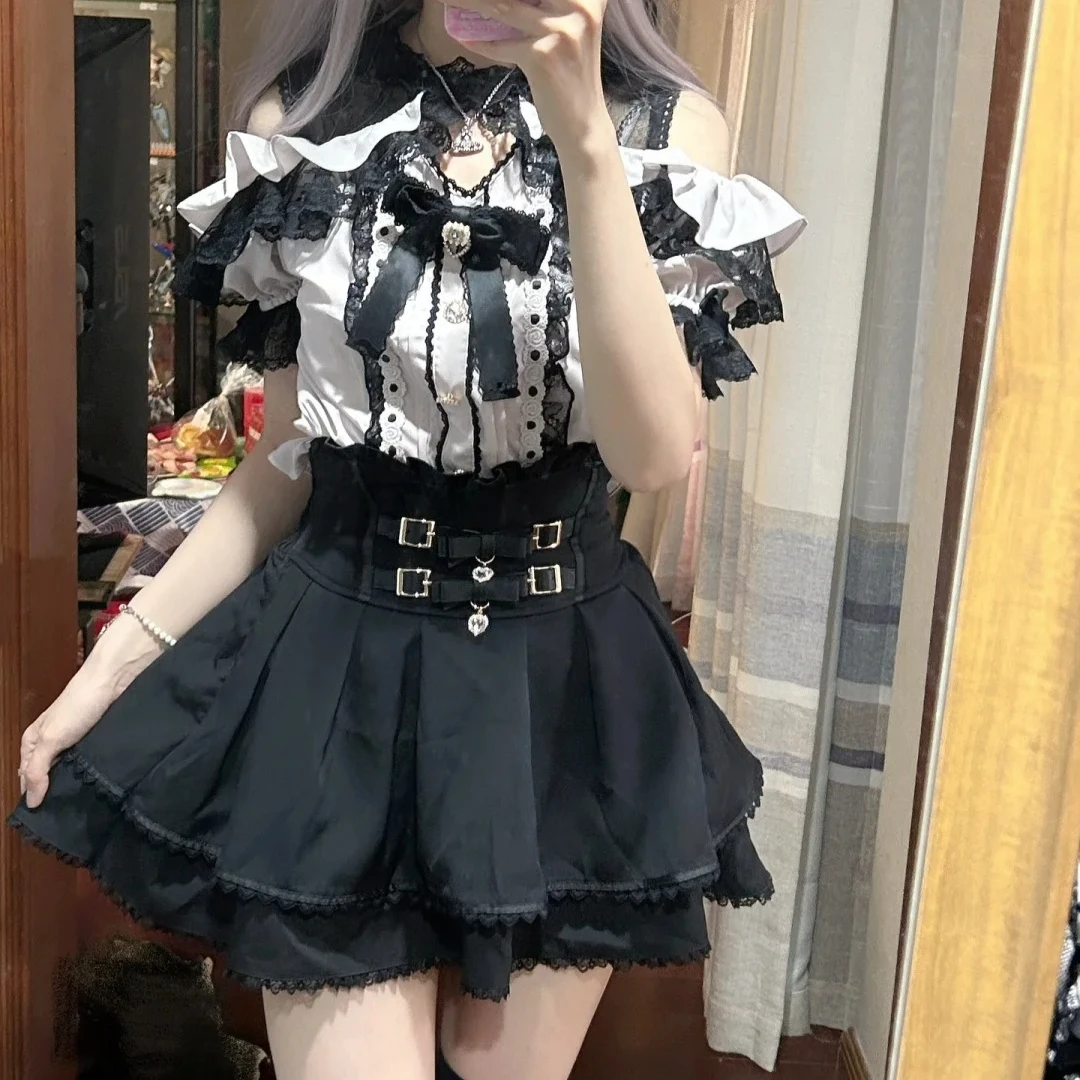 

Кружевная блузка с бантом в японском стиле Лолита, с коротким рукавом, для женщин, повседневная, модная, праздничная, элегантная, кавайная