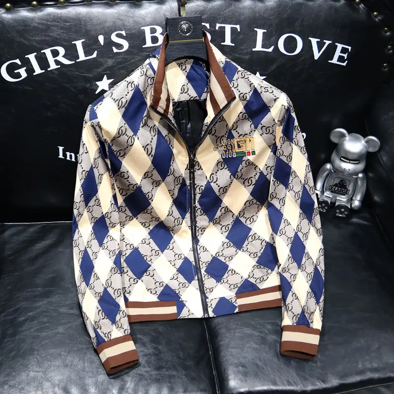 

2025 new plaid striped contrasting jacket men's stand-up collar letter embroidered gown fashion youth coat