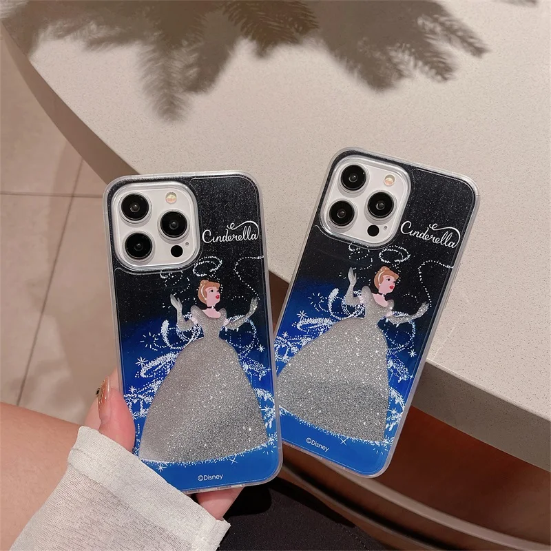 Luxury Disney Cinderella Girl Liquid Quicksand Phone Case For iPhone 11 12 13 14 15 16 Pro Max X XS XR Cartoon Shockproof Cover