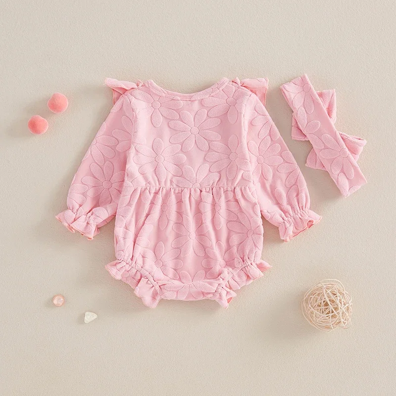 Baby Girls Flower Ruffles Rompers Bowknot Long Sleeve Jumpsuits with Headband Newborn Autumn Clothes