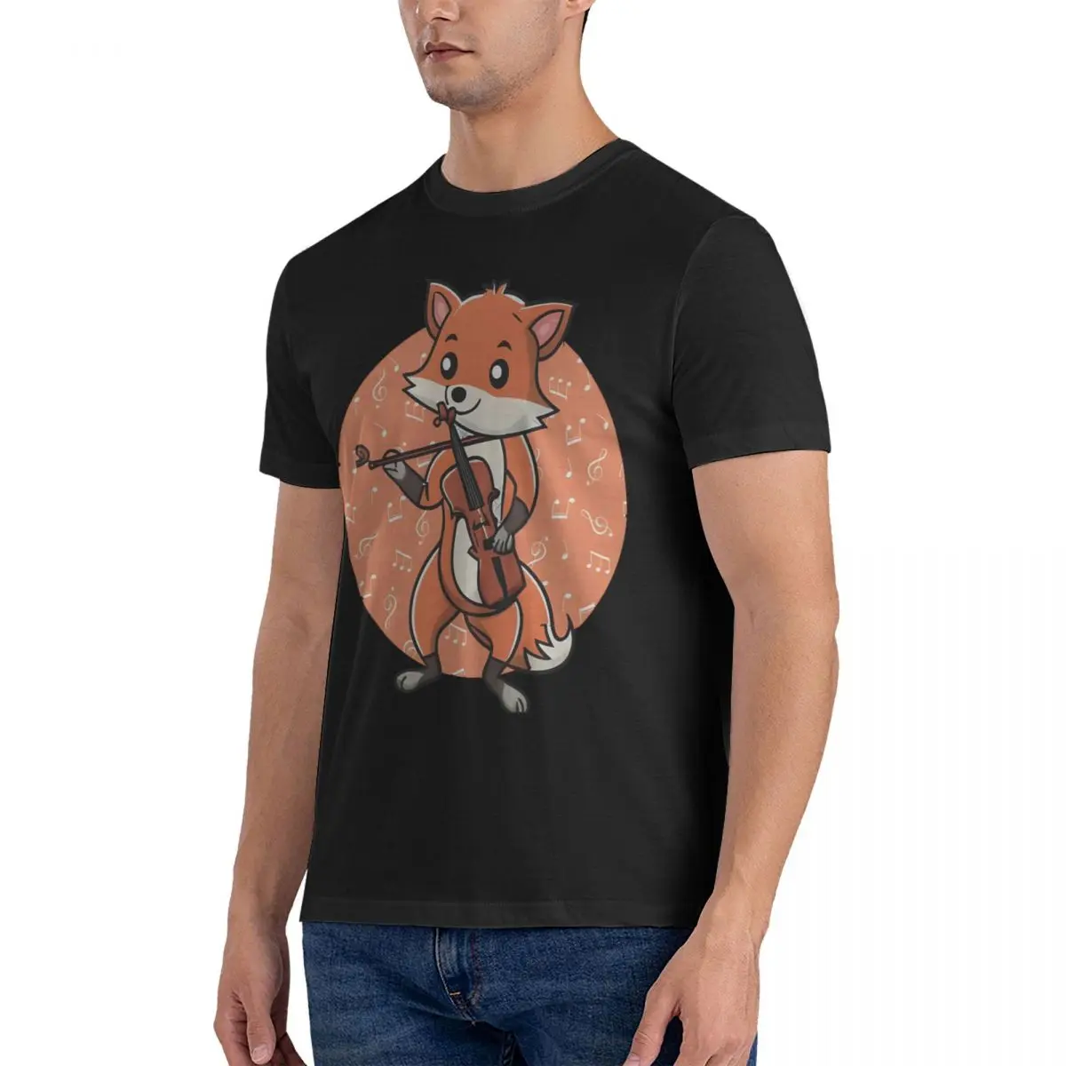 Fox Plays Violin Men T Shirt Smiling Musical Fox Vintage Tees Short Sleeve Crewneck T-Shirt Cotton Graphic Tops