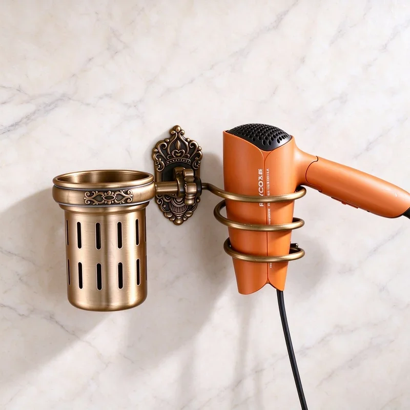 yesAntique Brass Hair Dryer Holder, Wall Mounted Bathroom Shelf Storage Organizer, Multi-Purpose Styling Tool Rack