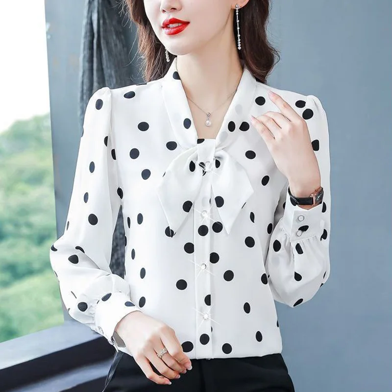 Summer Fashion Polka Dot Long Sleeve V-neck Chiffon Blouse Ladies 2024 New Spring Printing Office Lady Bow Buttons Women Shirts