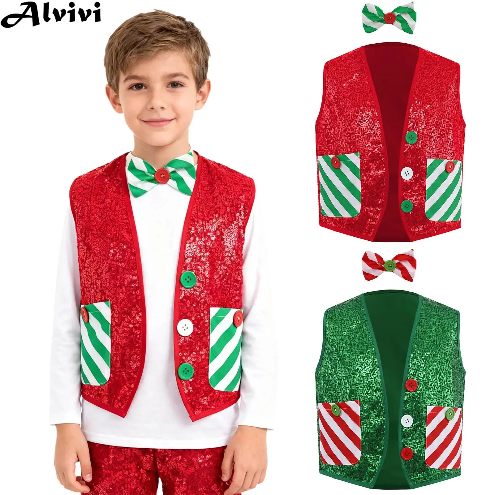 Kids Christmas Latin Jazz Disco Dance School Choir Vest Xmas Santa Elf Cosplay Costume Shiny Sequin Stripe Waistcoat with Bowtie