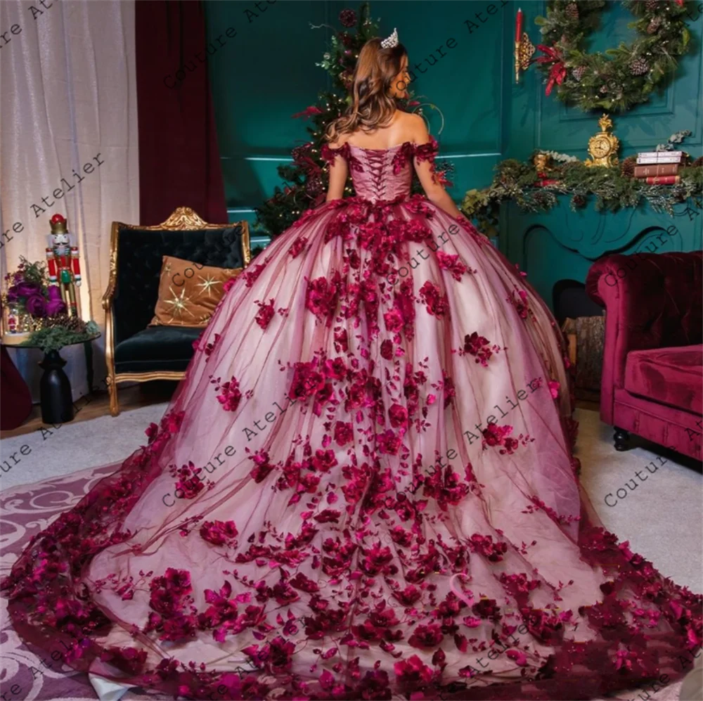 Burgunder Perlen 3d Blumen Tüll Quince anera Kleider Ballkleid Kleid von der Schulter Geburtstags kleider schnüren süße 15 16 Kleider