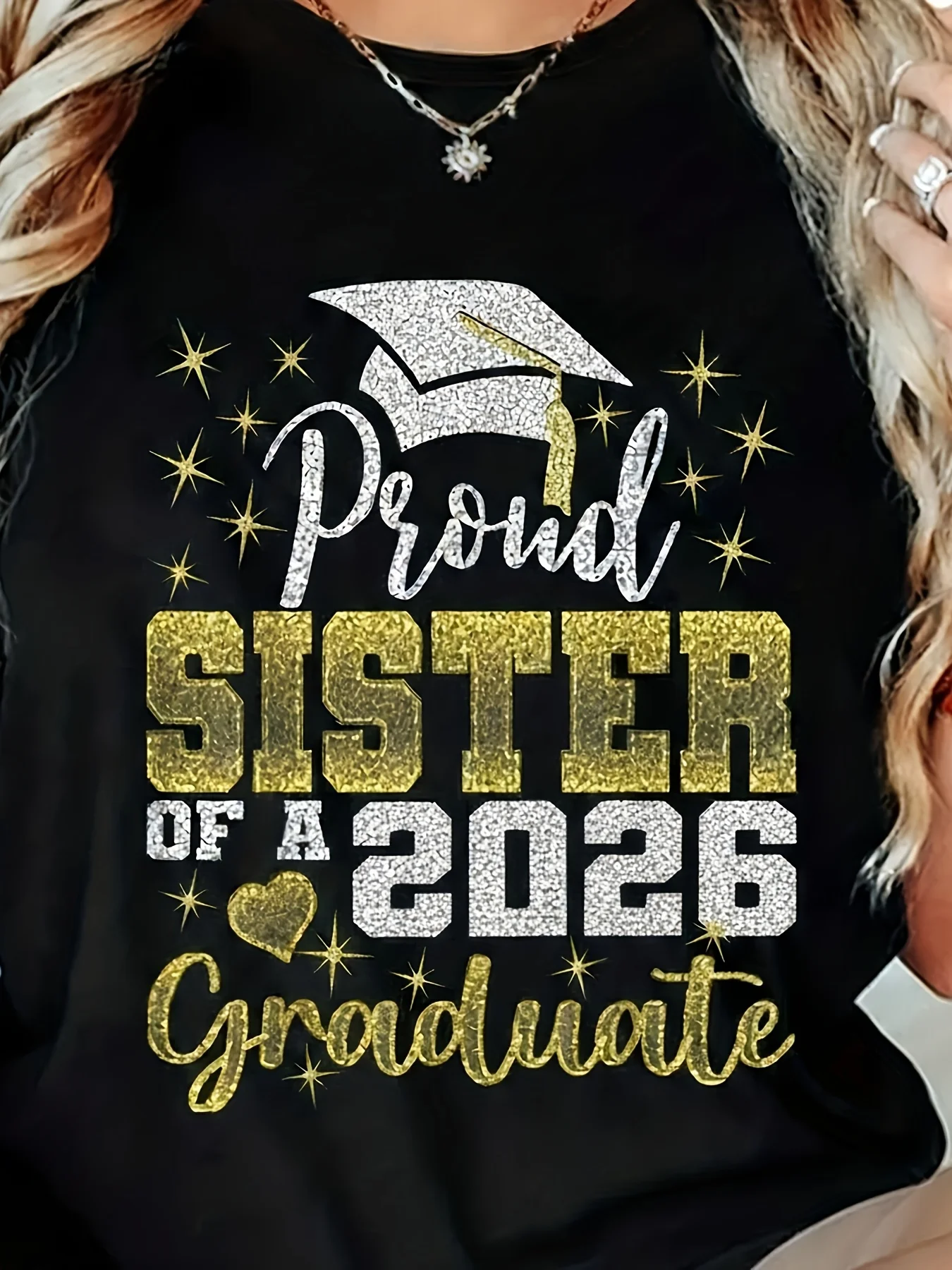 

2026 Graduation Sisters Women's T-Shirt - Proud Sisters of the 2026 Graduates, Gold and Black Glitter Design, Featuring a Graduation Cap and the Number 2~Graduation Party~ Celebratory Gift with Gown