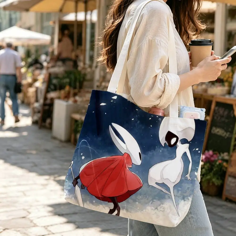 Game H-Hollow Knight Silksong Large Capacity Cotton Polyester Shoulder Tote Bag Zipper Handbag for Shopping Travel Daily Use