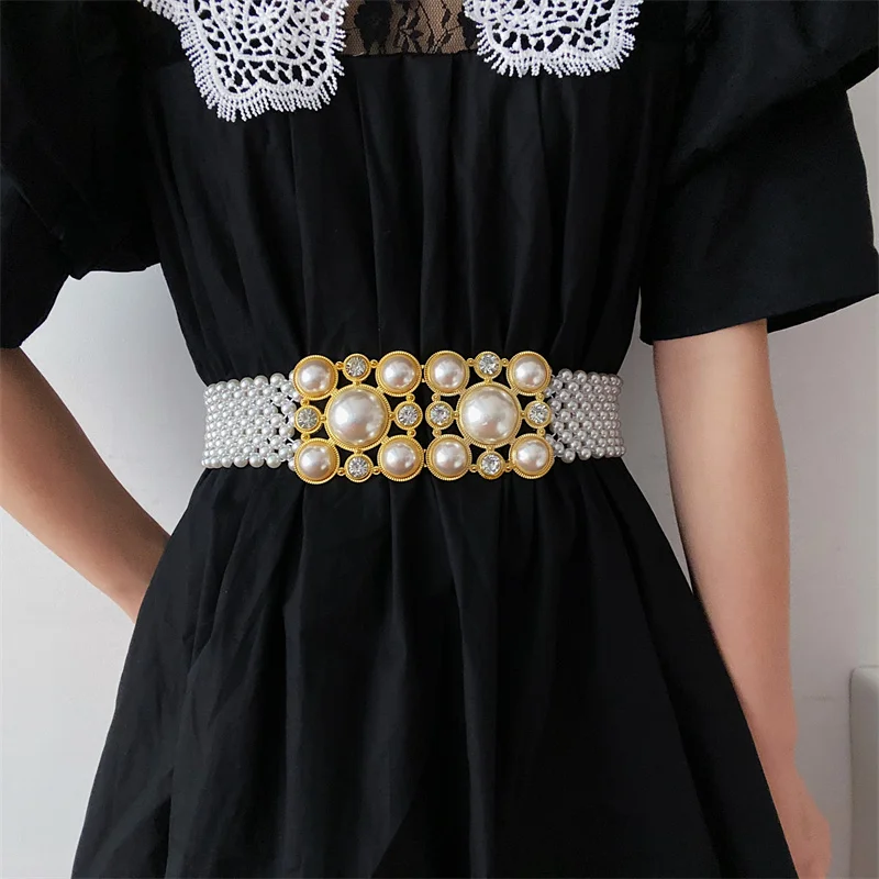 

X6006 Lady Pearl Belt Female Dress Decoration Skirt Belt Women Waistband High Elastic Versatile Small Fragrance Pearl Waistband